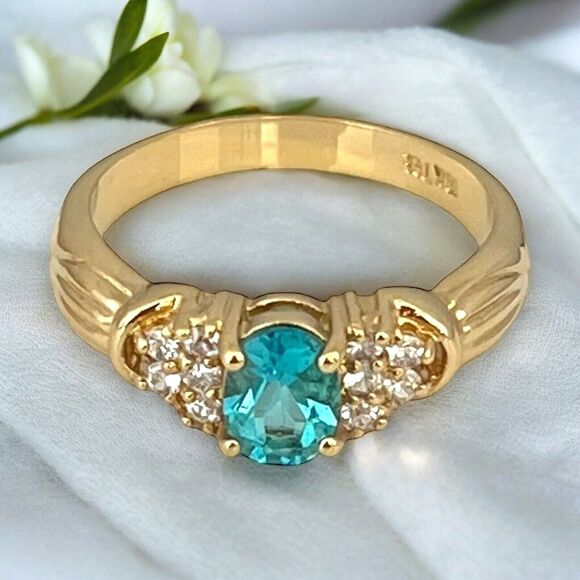 Vintage Ring Size 9 Blue Cubic Zirconia Crystal 18K Gold Plate Mid-Century 14E - Picture 4 of 15